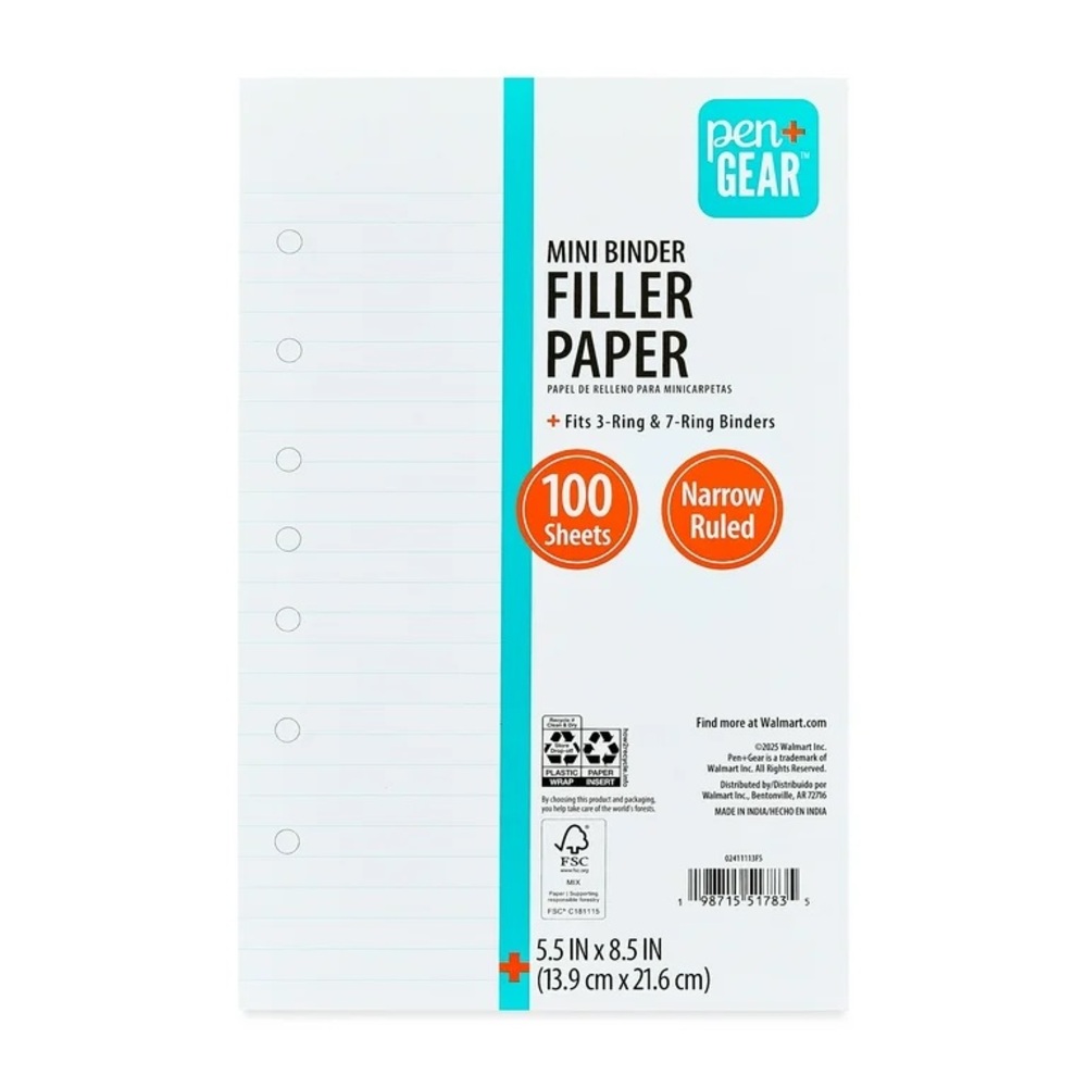Pen+Gear Narrow Ruled Mini Binder 5.5" x 8.5" 100 Sheet Filler Paper NWT